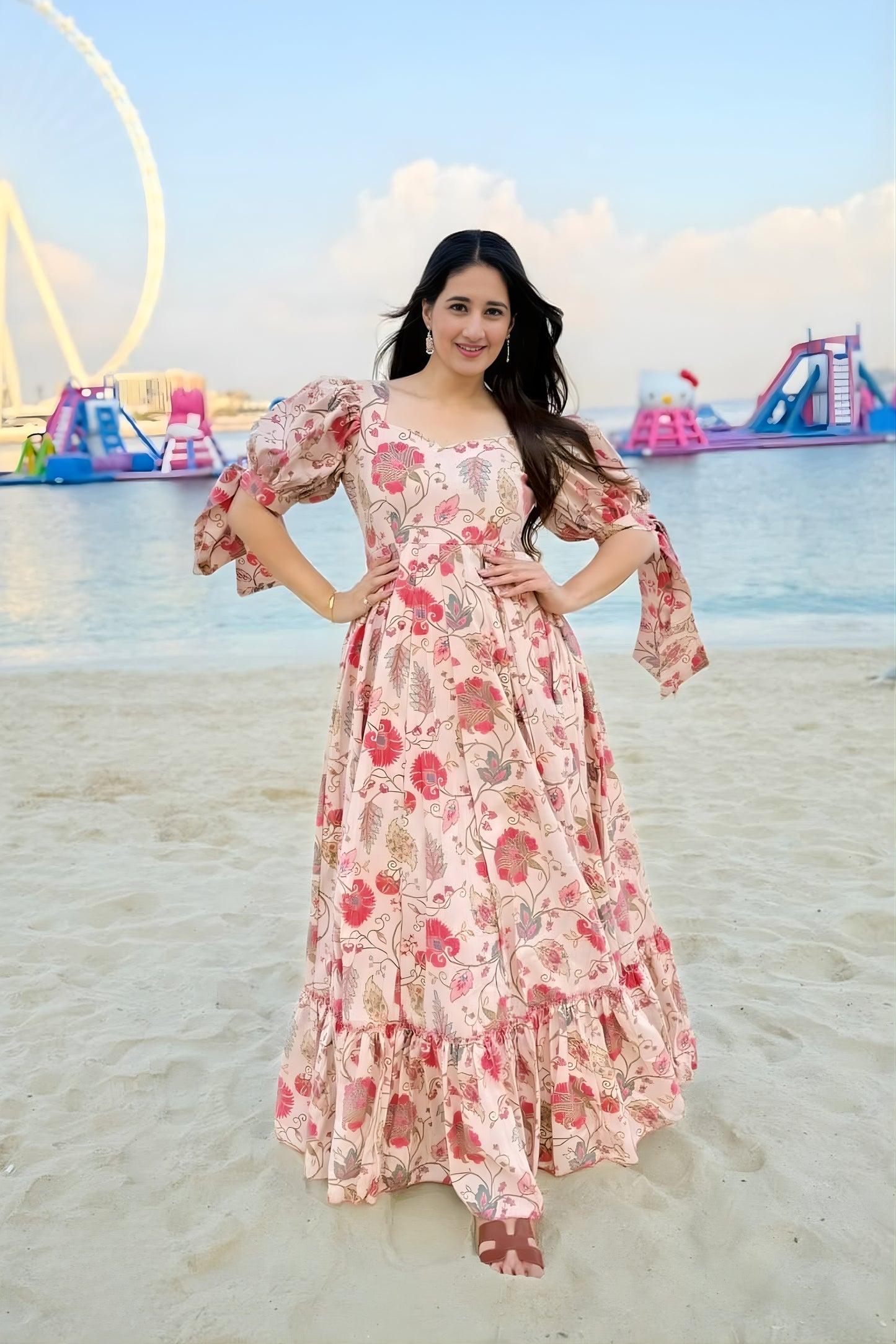 Lovely Peach Pink Floral Printed Anarkali Style Maxi Dress with Puff Tie-Up Sleeves