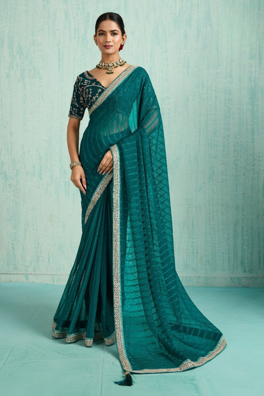 Designer Teal Green Georgette Saree Party Wear Saree