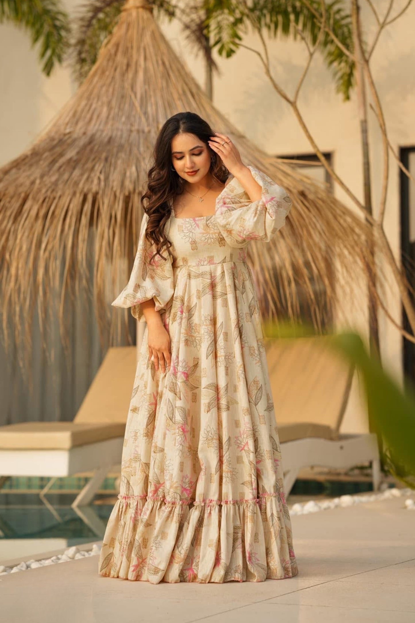 Perfect Beige Pink Floral Printed Anarkali Style Maxi Dress with Flared Sleeves