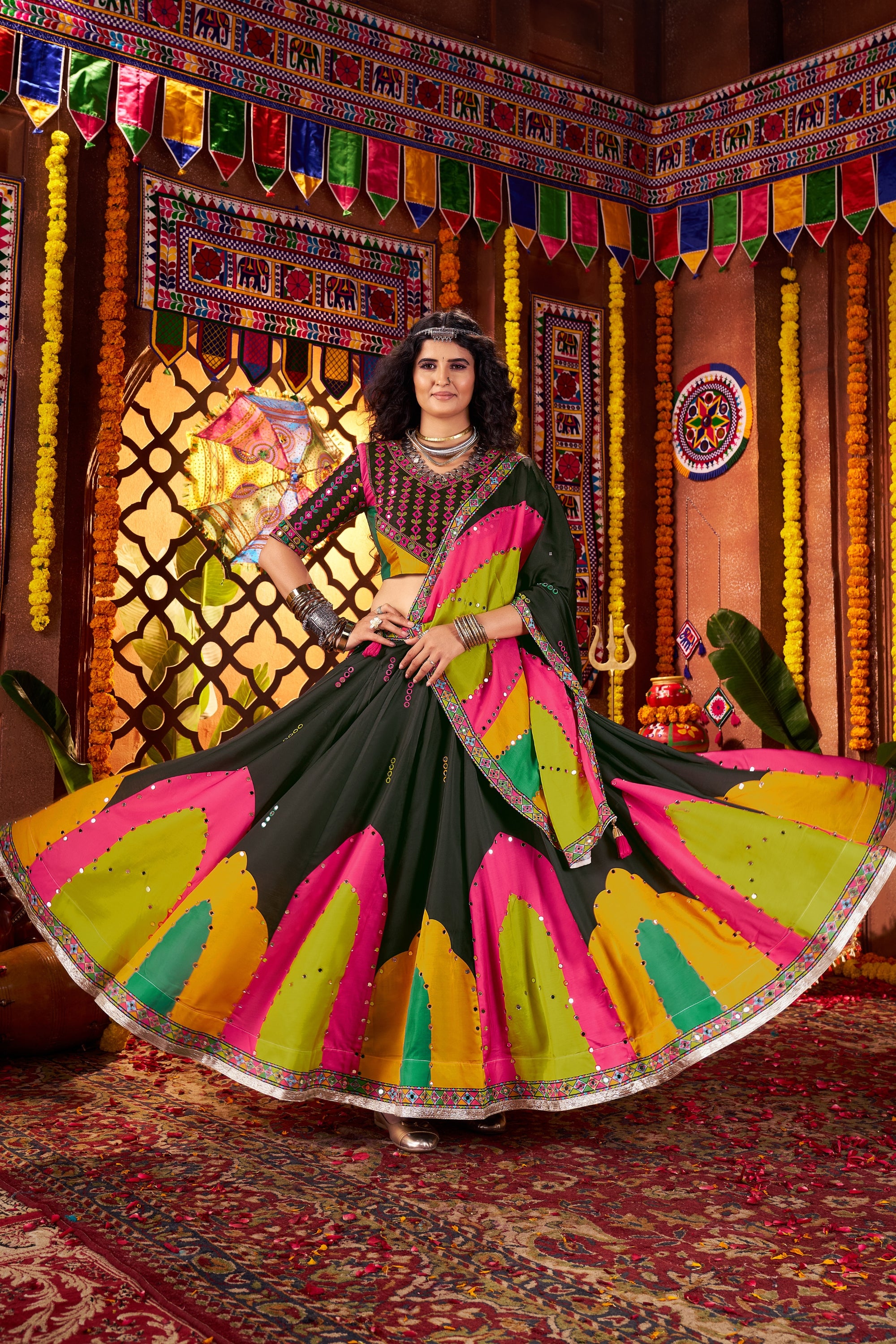 Black Multicolor Embroidered Navratri Chaniya Choli with Dupatta
