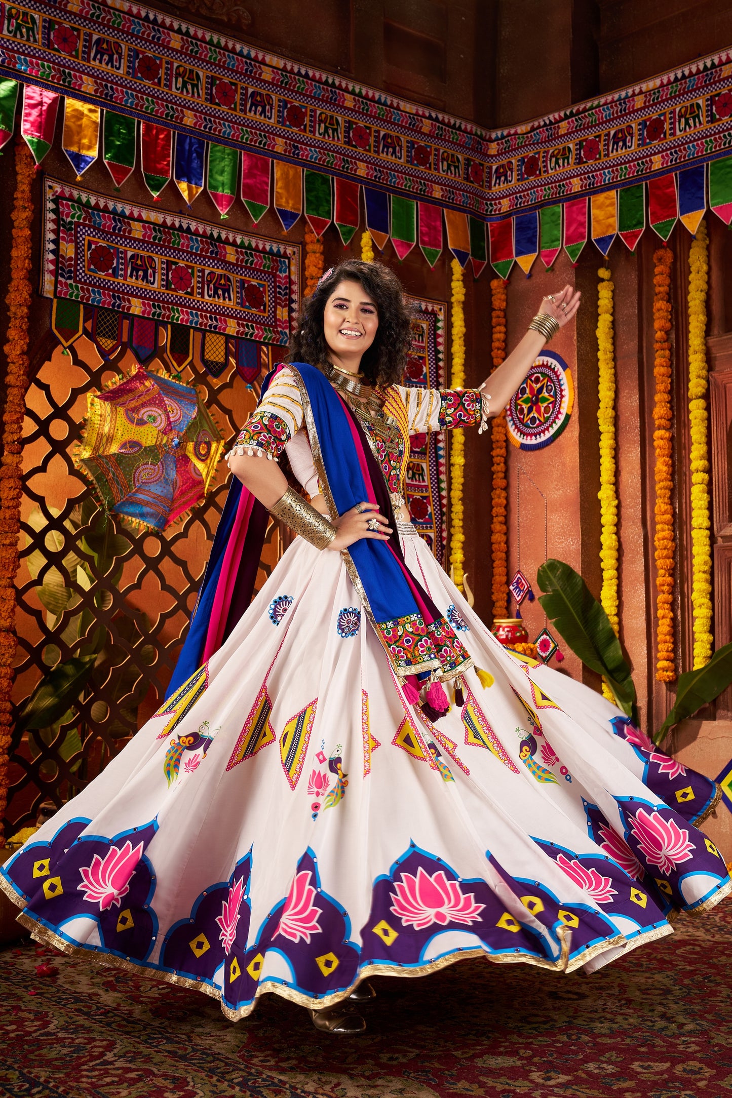 White Multicolor Embroidered Navratri Chaniya Choli with Dupatta