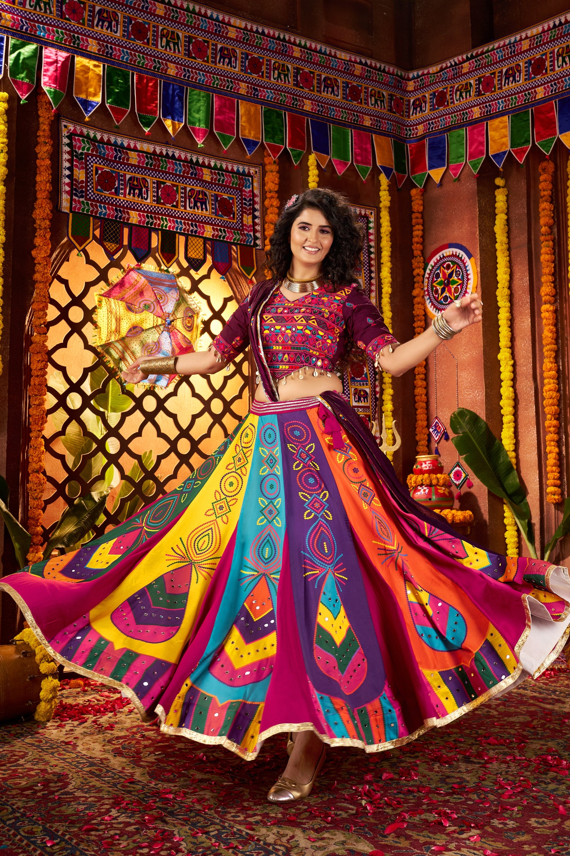 Traditional Multicolor Embroidered Navratri Chaniya Choli with Dupatta