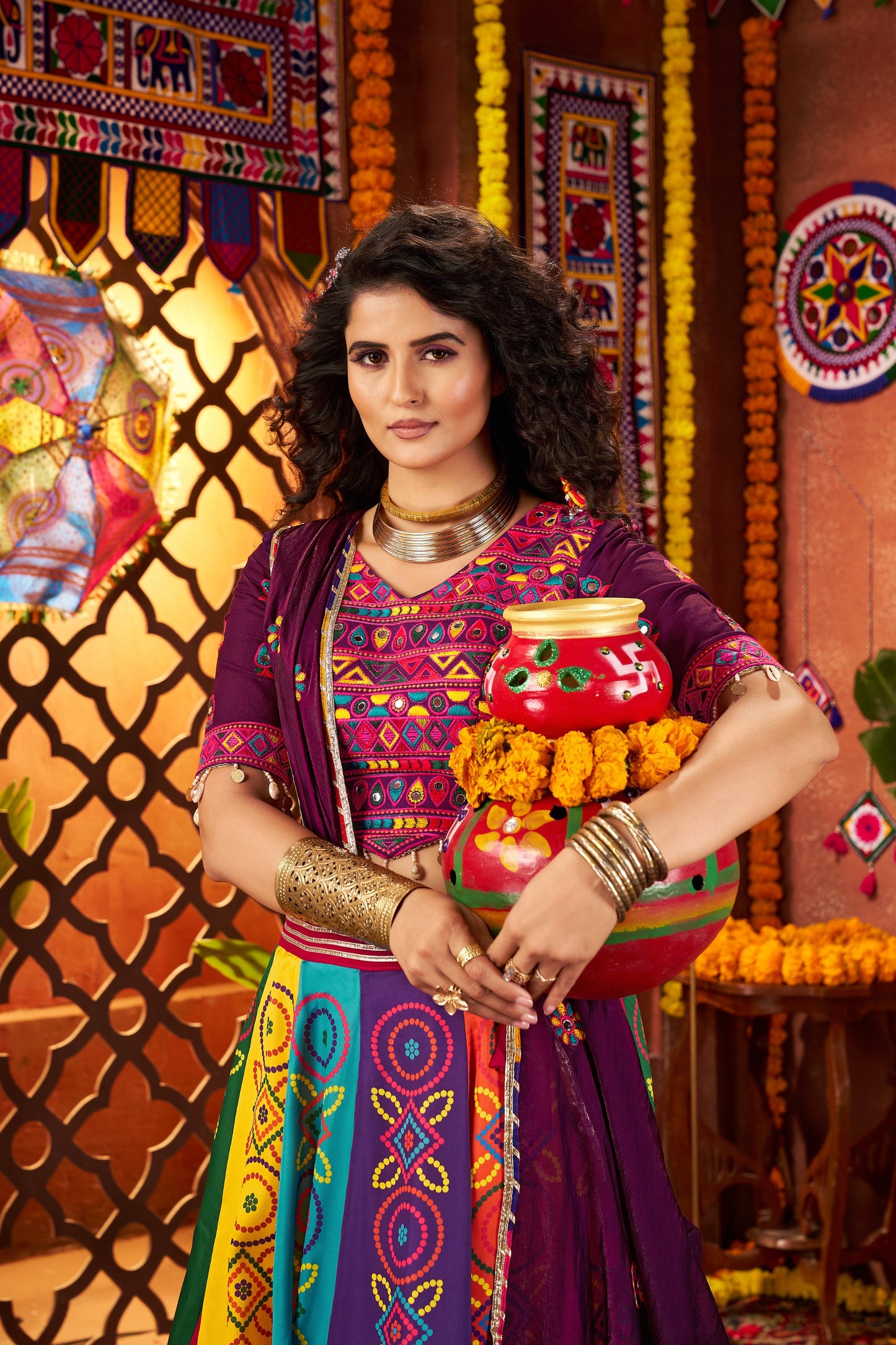 Traditional Multicolor Embroidered Navratri Chaniya Choli with Dupatta