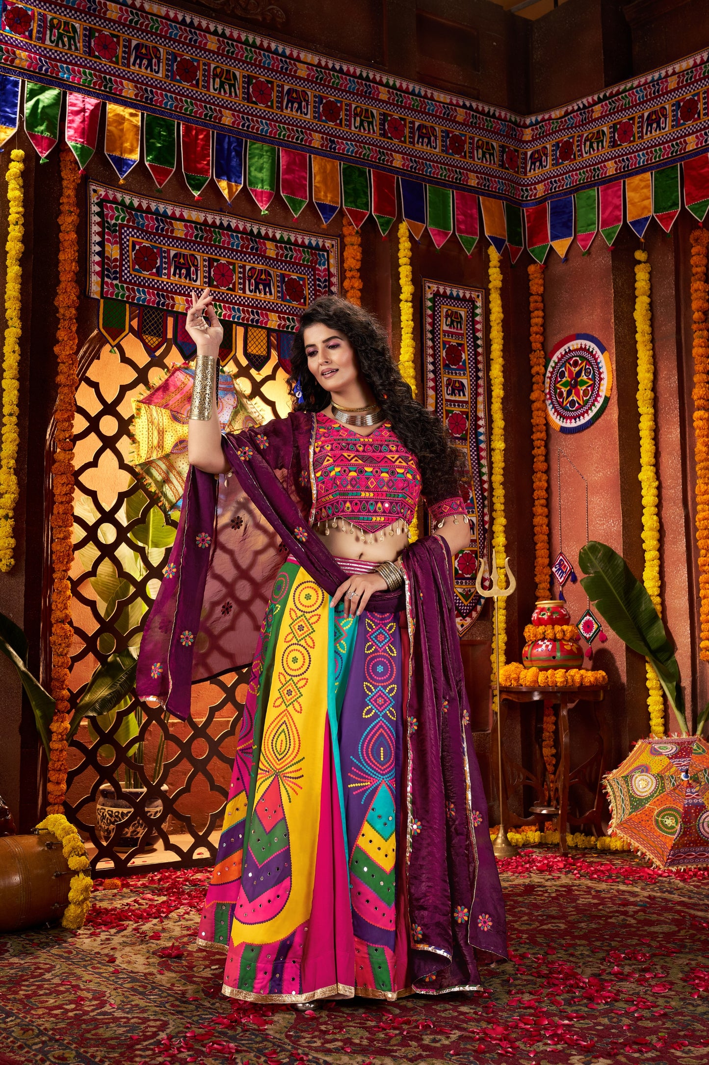 Traditional Multicolor Embroidered Navratri Chaniya Choli with Dupatta