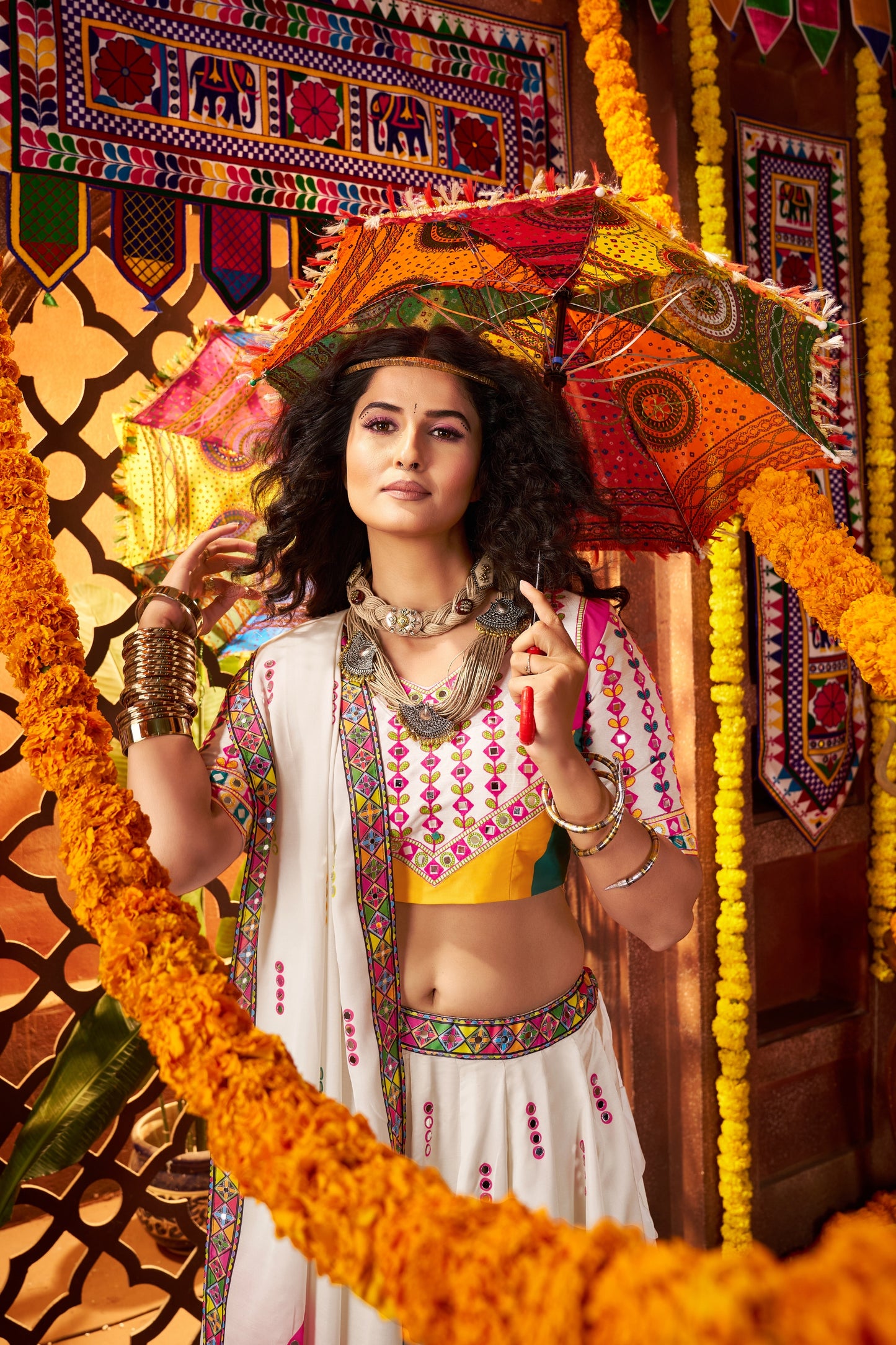 Stylish White Multicolor Embroidered Navratri Chaniya Choli with Dupatta