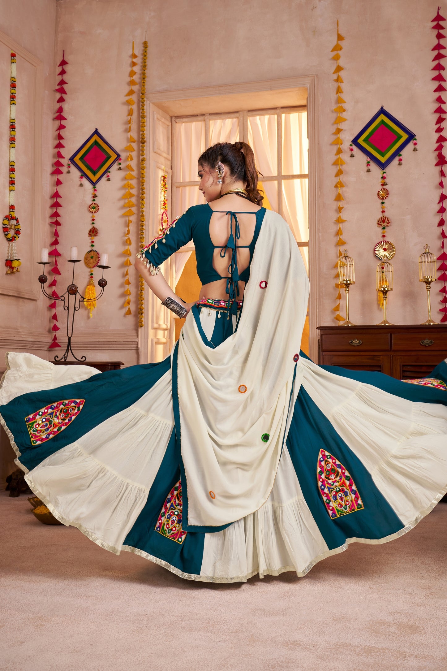 Stylish Teal Green and White Gujarati Navratri Chaniya Choli with Embroidered Blouse and Dupatta