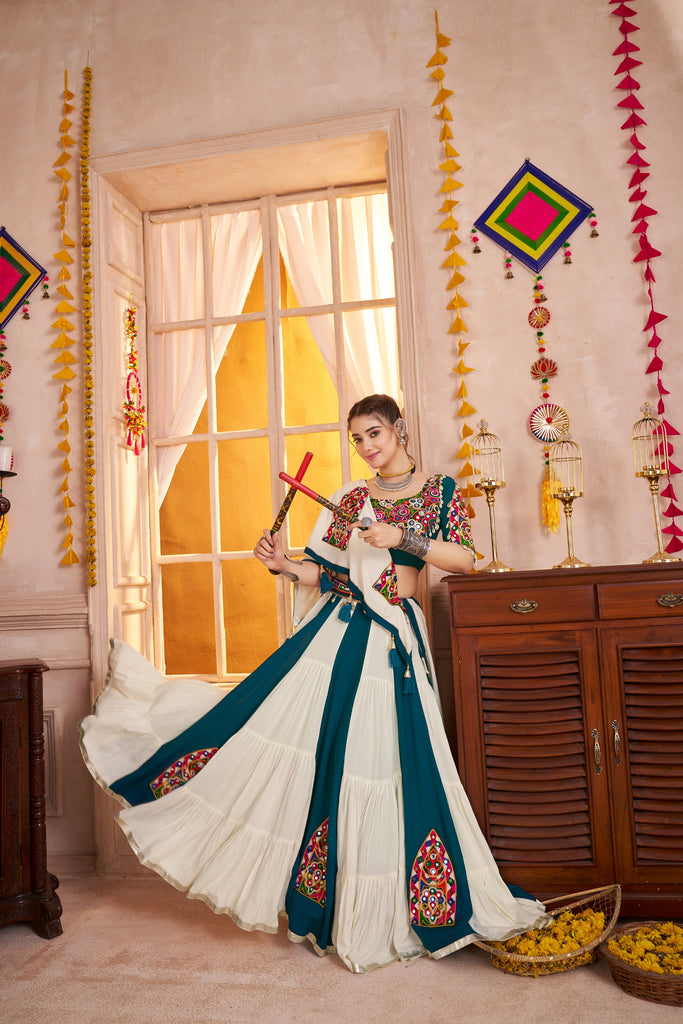 Stylish Teal Green and White Gujarati Navratri Chaniya Choli with Embroidered Blouse and Dupatta