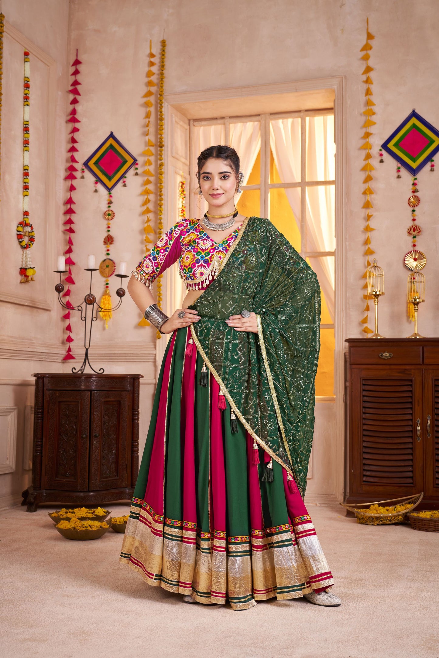 Superb Multicolor Gujarati Navratri Chaniya Choli with Embroidered Blouse and Dupatta
