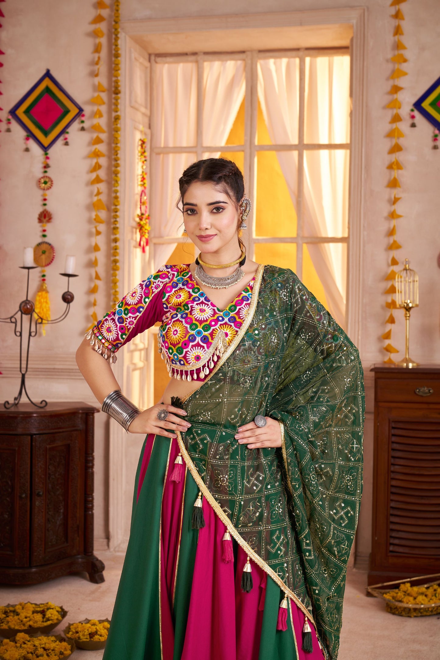 Superb Multicolor Gujarati Navratri Chaniya Choli with Embroidered Blouse and Dupatta