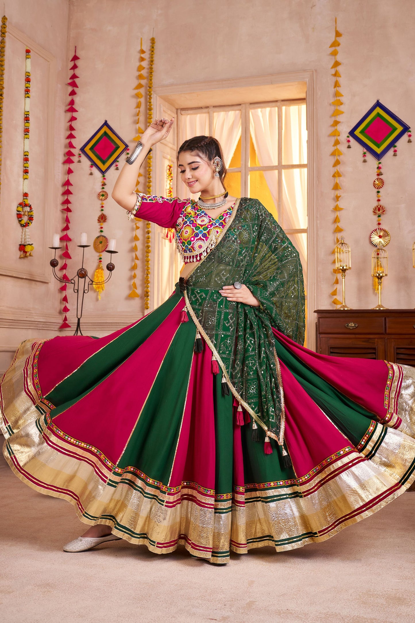Superb Multicolor Gujarati Navratri Chaniya Choli with Embroidered Blouse and Dupatta