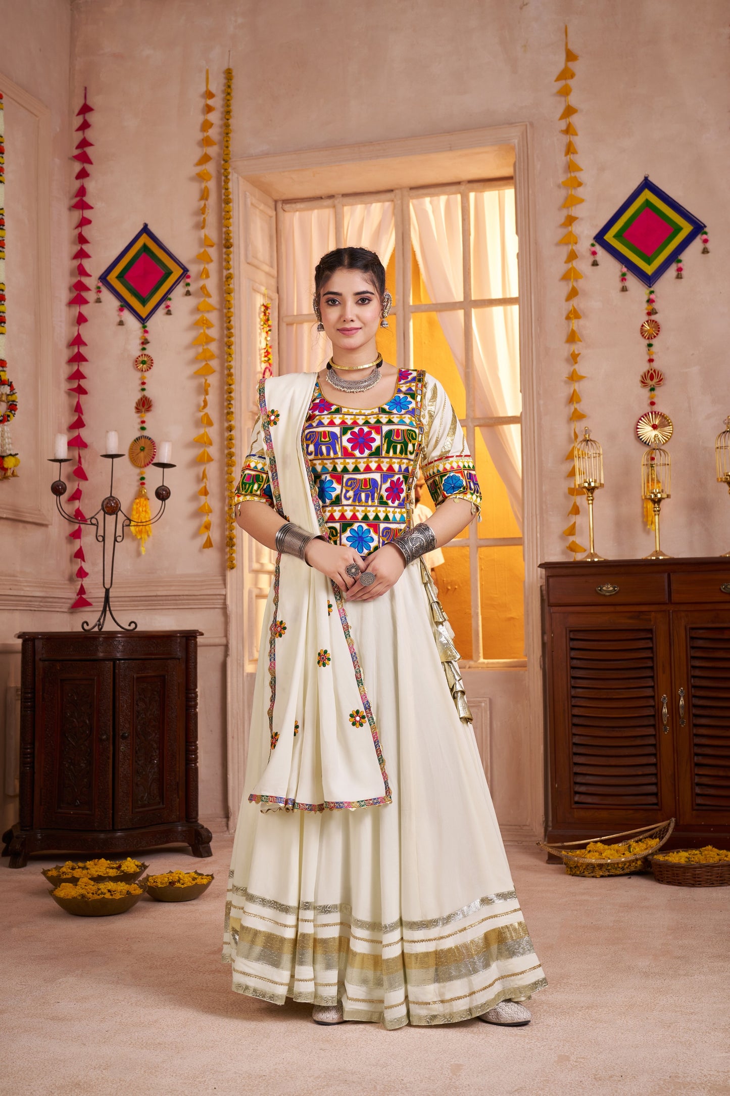 Wonderful White Gujarati Navratri Chaniya Choli with Embroidered Blouse and Dupatta