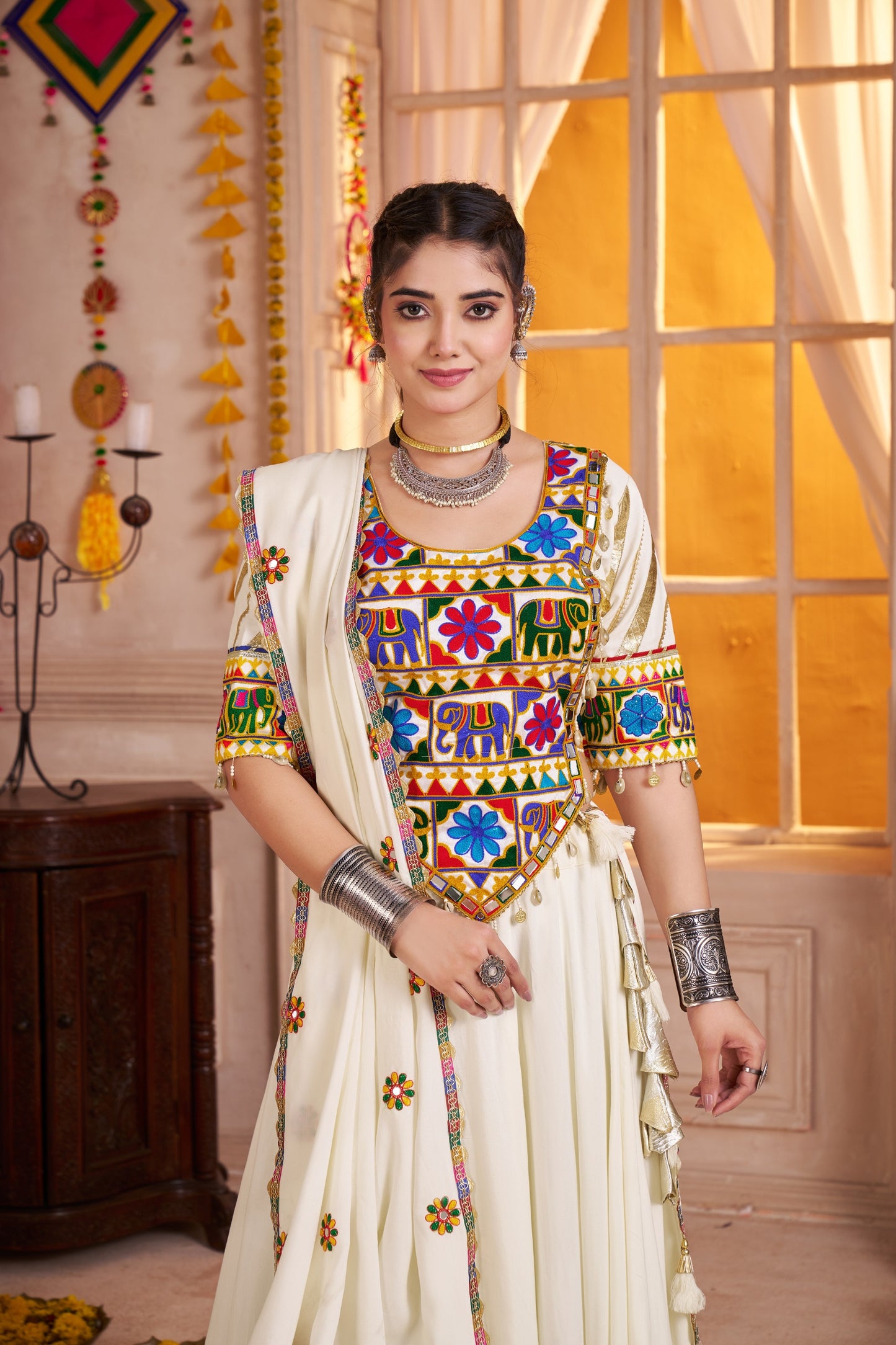 Wonderful White Gujarati Navratri Chaniya Choli with Embroidered Blouse and Dupatta