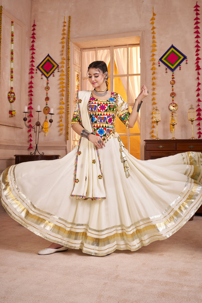 Wonderful White Gujarati Navratri Chaniya Choli with Embroidered Blouse and Dupatta