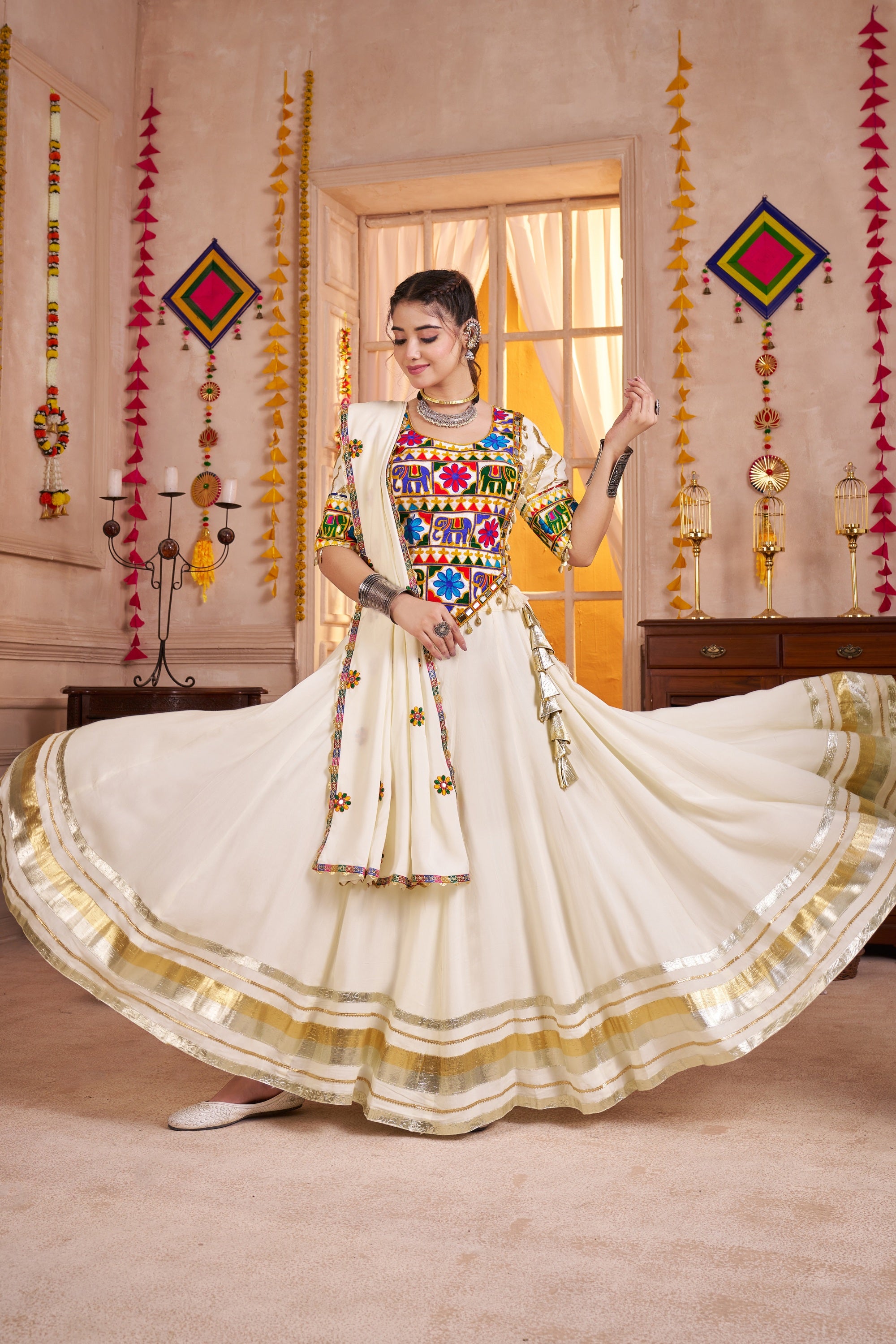 Wonderful White Gujarati Navratri Chaniya Choli with Embroidered Blous