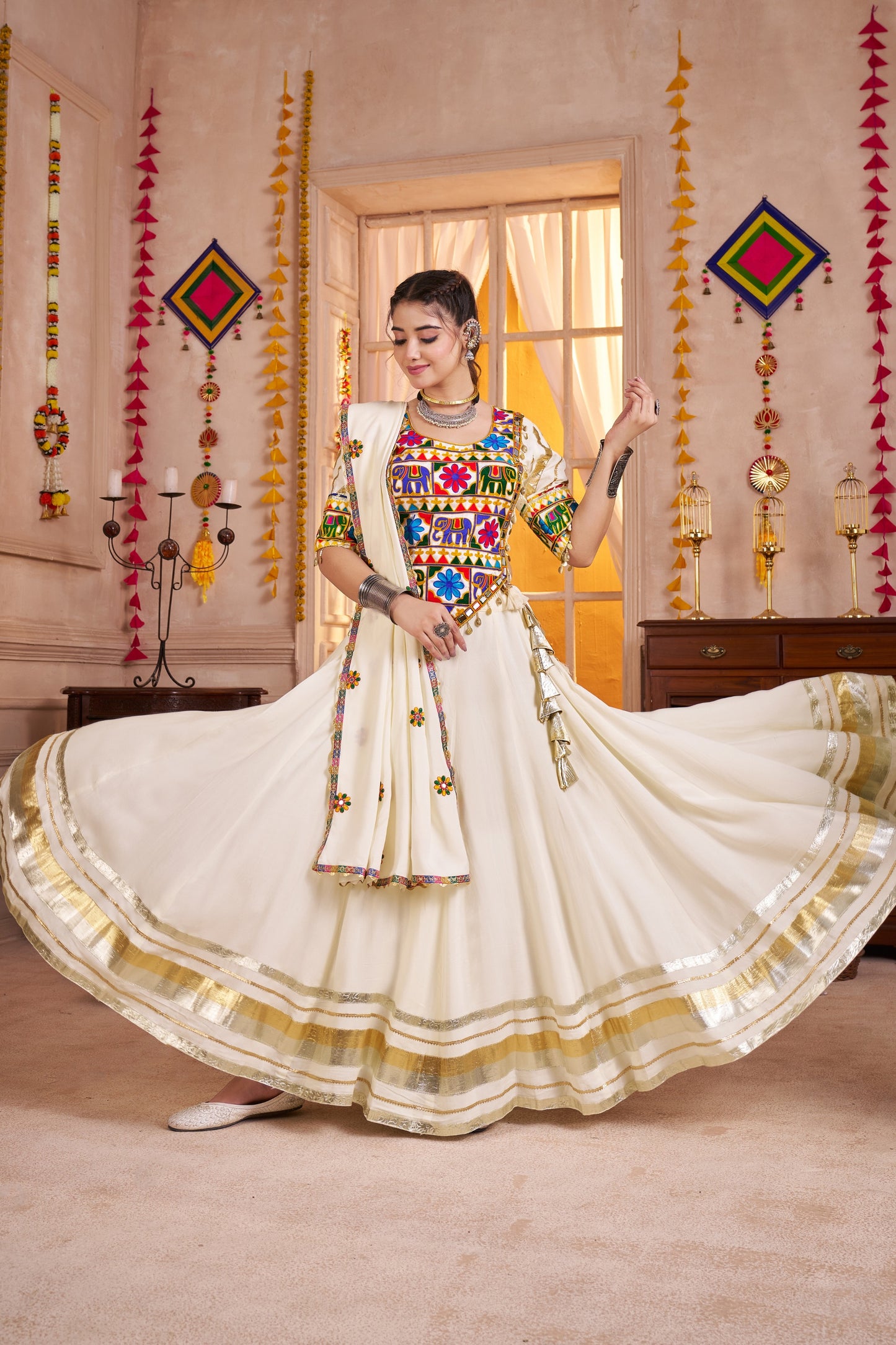 Wonderful White Gujarati Navratri Chaniya Choli with Embroidered Blouse and Dupatta