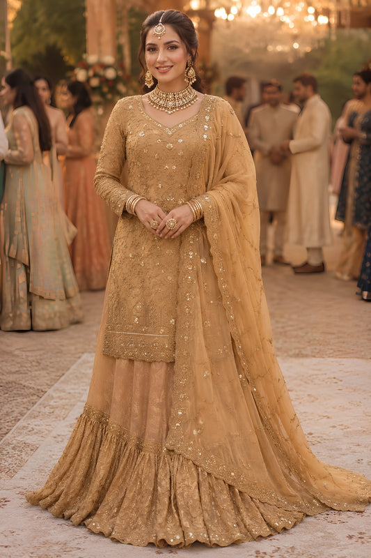 Luxury Beige Banarasi Silk Indo Western Lehenga with Heavy Embroidery Work for Women