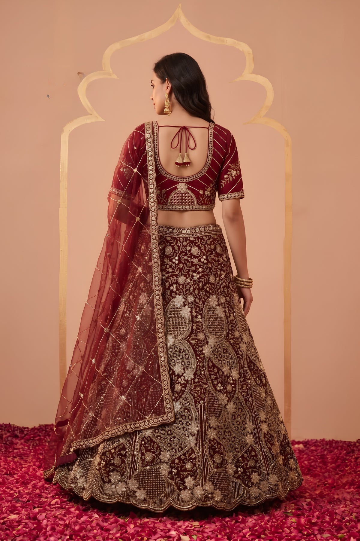 Regal Maroon Net Designer Lehenga Choli with Heavy Beads Work and Dupatta for Women