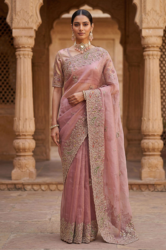 Dusty Pink Organza Silk Saree with Heavy Embroidery Designer Border