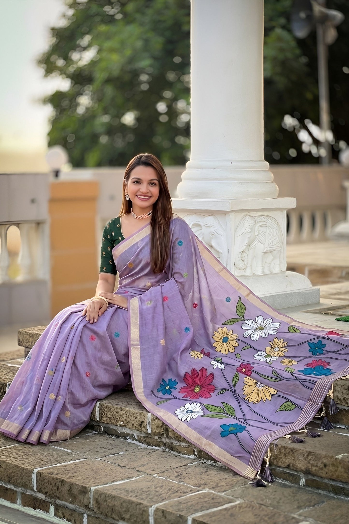 Lavender Linen Silk Saree with Multicolor Floral Print Woven Border