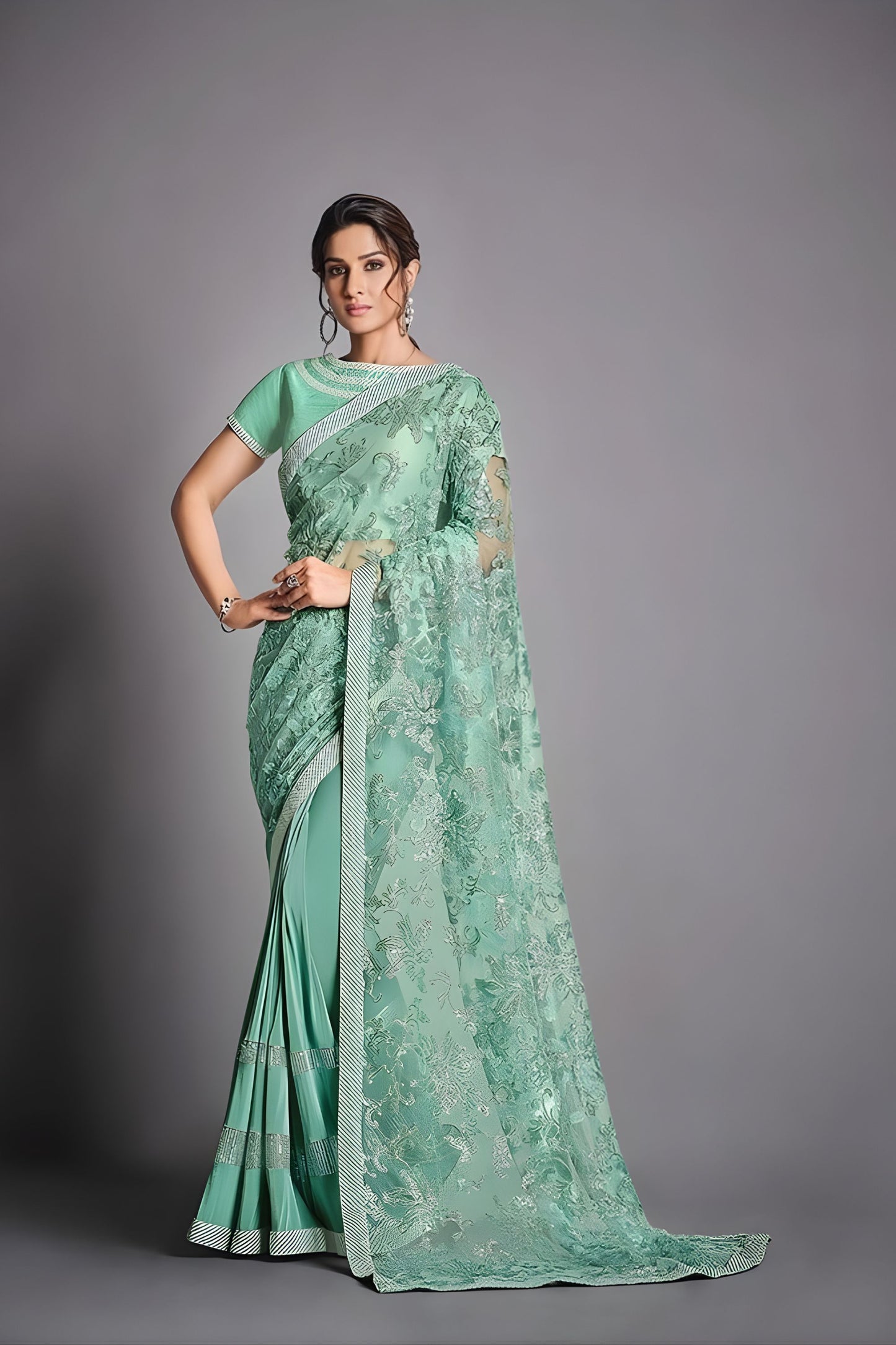 Mint Green Embroidered Georgette Saree with Designer Blouse