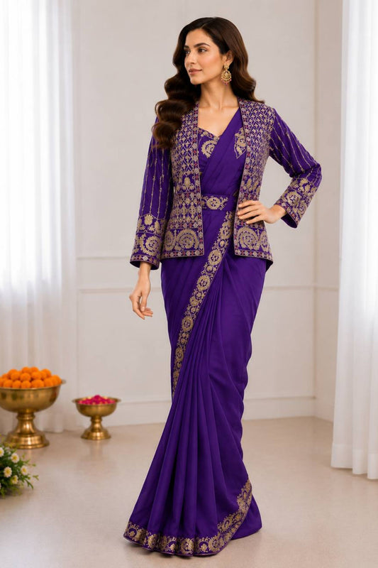Purple Designer Saree Heavy Golden Embroidered Jacket Border