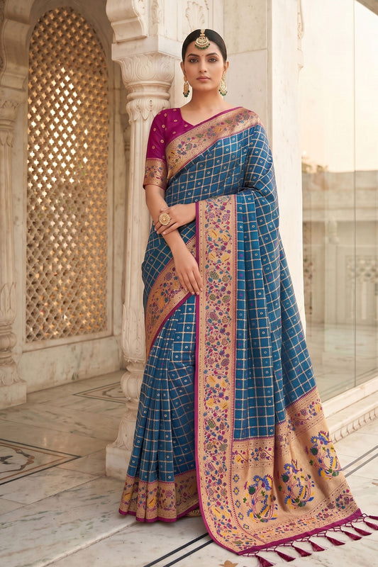 Royal Blue Paithani Silk Saree Traditional Zari Border Magenta Designer Blouse