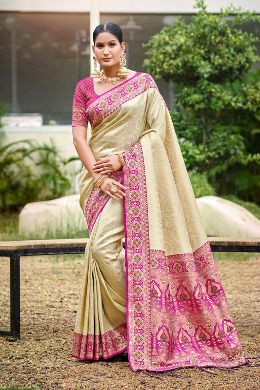 Golden Beige Silk Saree Rani Pink Banarasi Border Traditional Saree