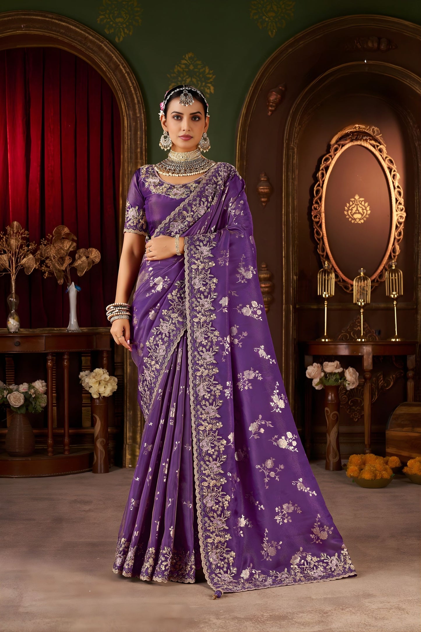 Purple Silk Saree with Heavy Silver Zari Embroidery Designer Blouse