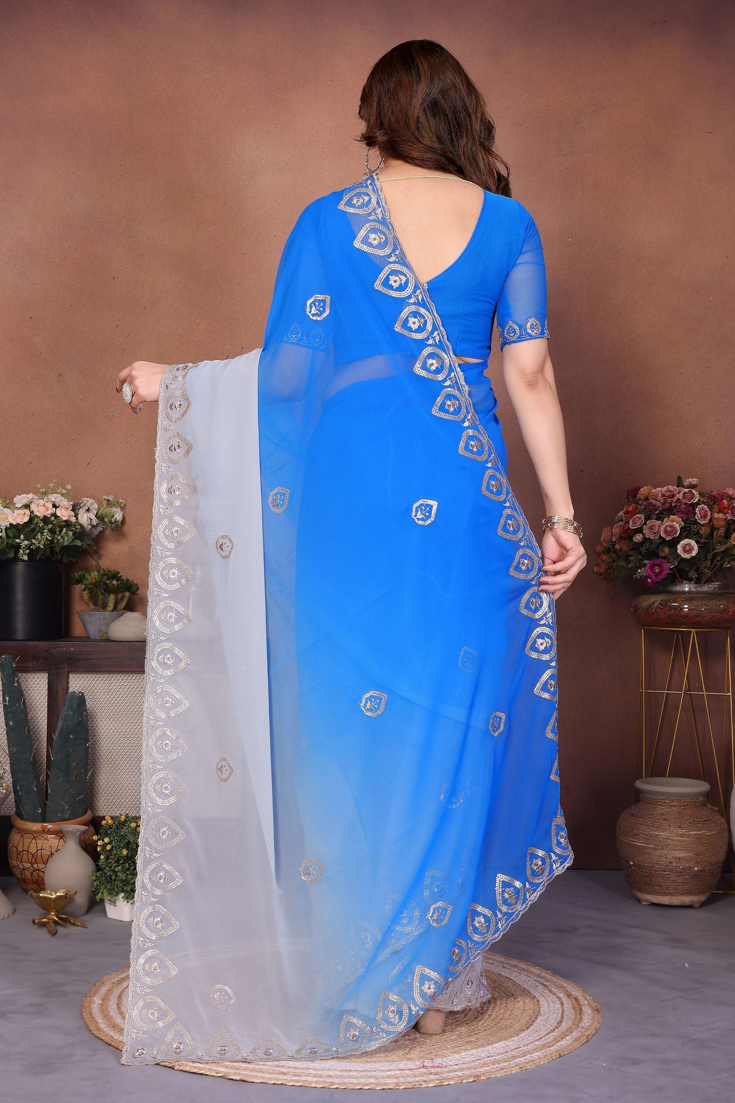 Royal Blue and Grey Georgette Saree Embroidered Border Work