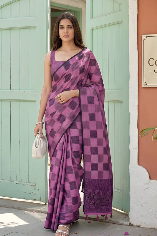 Magenta Purple Checked Cotton Saree with Woven Border Designer Pallu