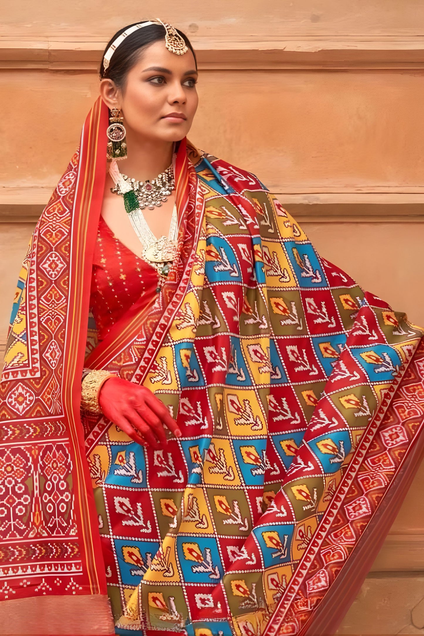 Traditional Multicolor Patola Print Silk Saree with Red Border Designer