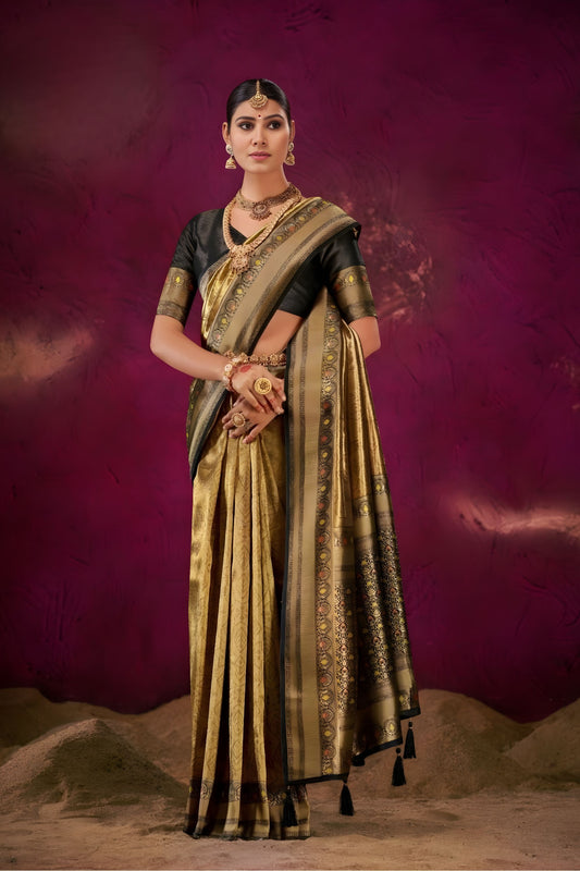 Classic Gold Black Kanjivaram Silk Saree with Rich Zari Border