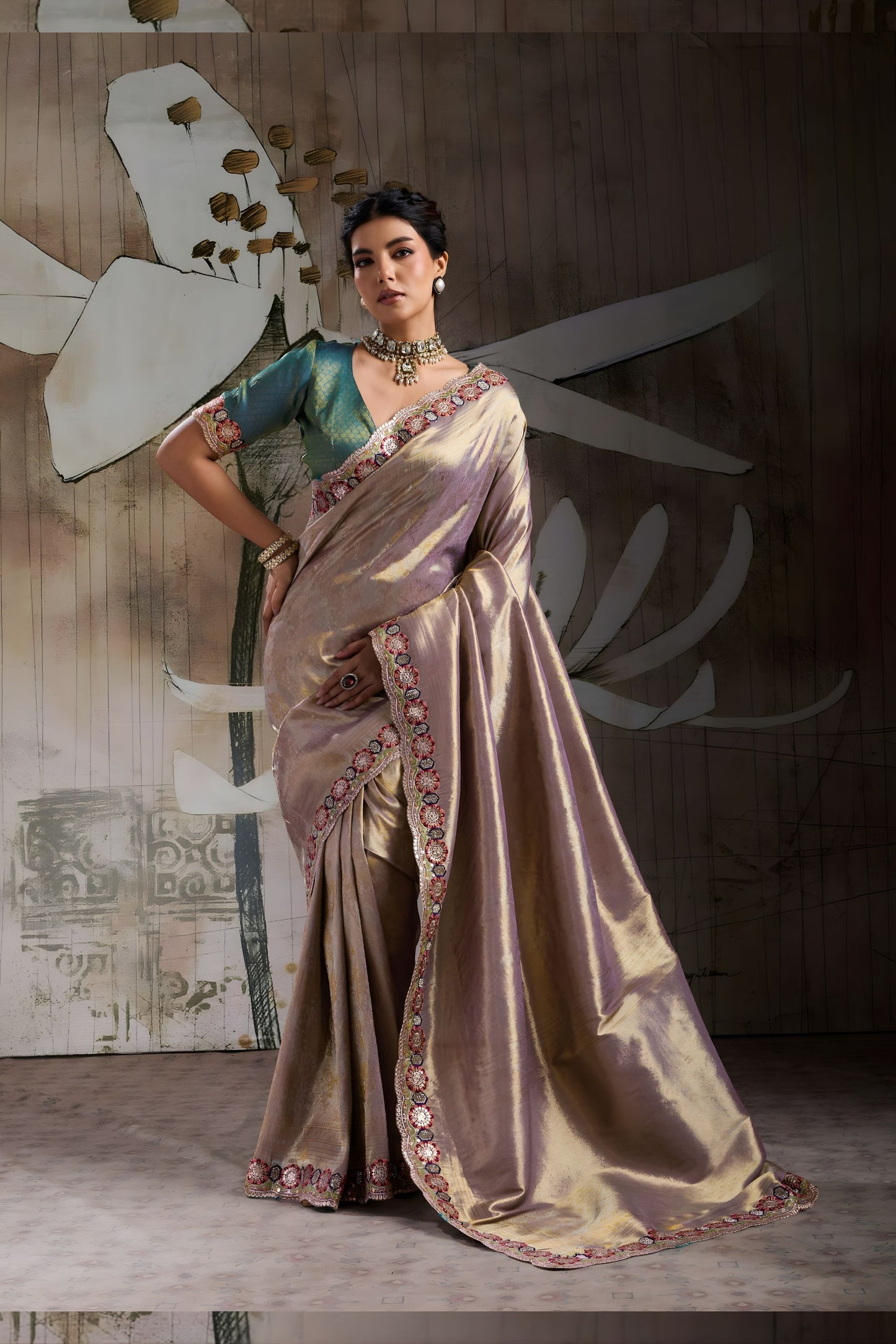 Premium Gold Banarasi Jacquard Silk Sequins Embroidered Saree for Wedding
