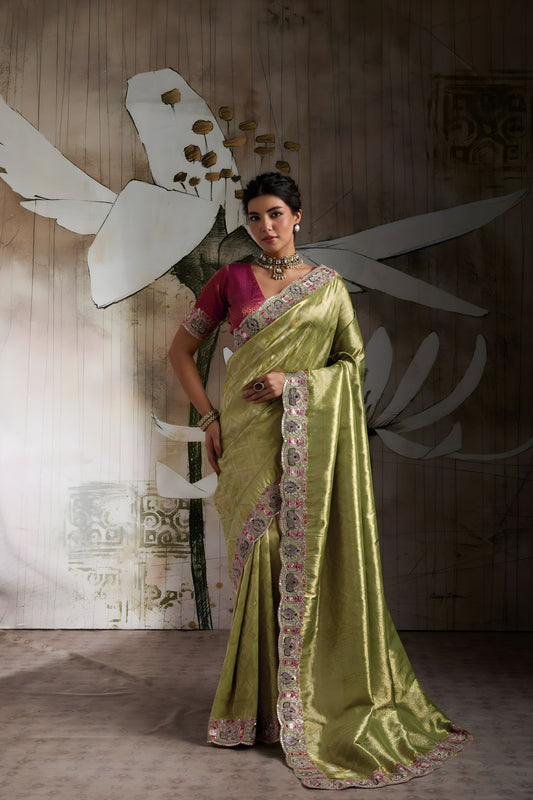 Exclusive Pista Green Banarasi Jacquard Silk Sequins Embroidered Saree for Wedding