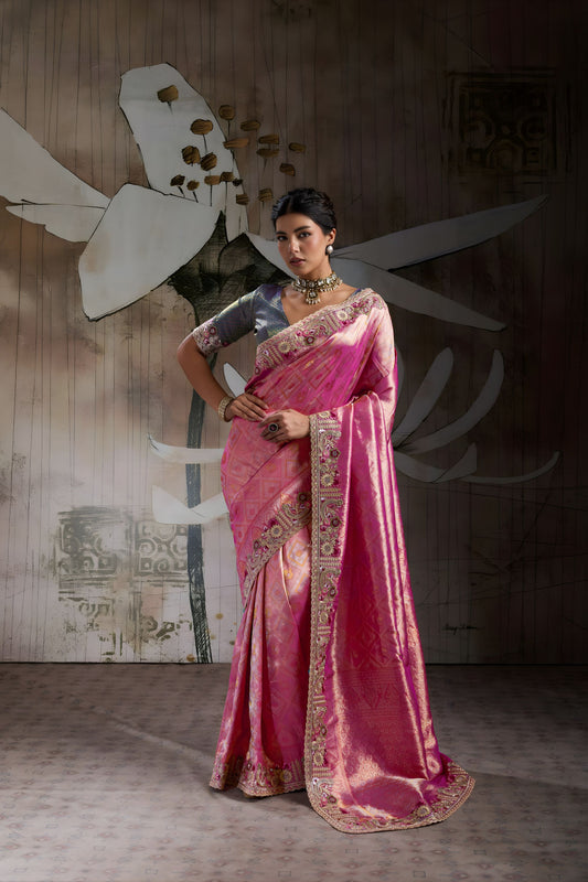 Beautiful Pink Banarasi Jacquard Silk Sequins Embroidered Saree for Wedding