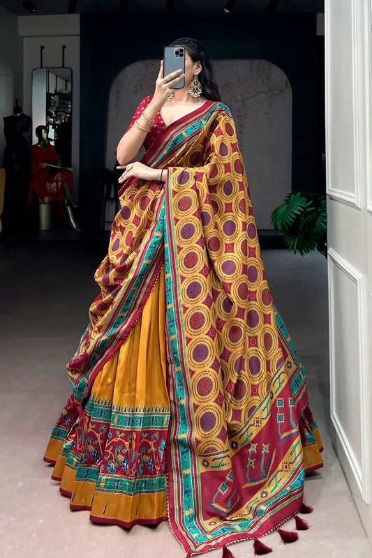 Premium Mustard Yellow Tasar Silk Semi-Stitched Lehenga Choli with Printed Dupatta