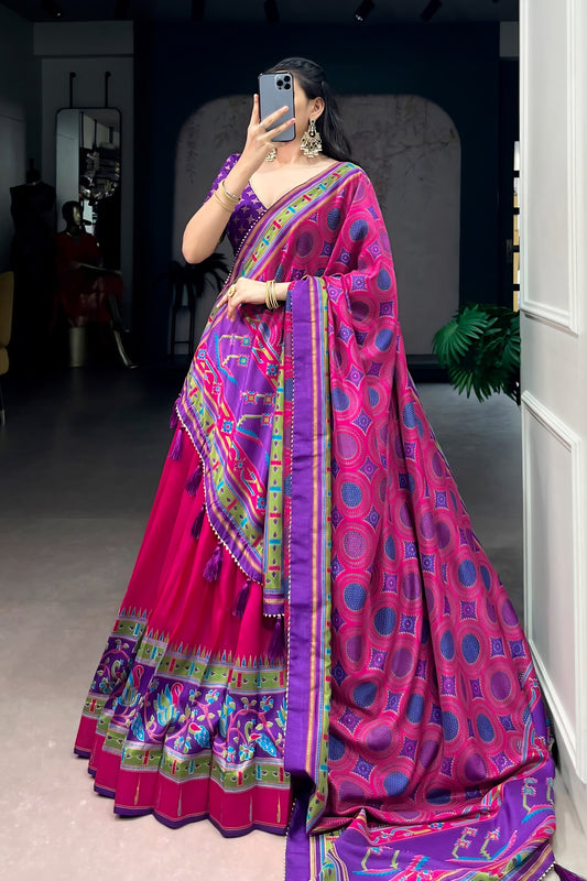 Vibrant Rani Pink and Purple Tasar Silk Semi-Stitched Lehenga Choli with Printed Dupatta