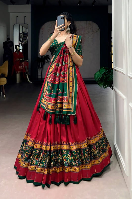 Stunning Red and Green Tasar Silk Semi-Stitched Lehenga Choli with Printed Dupatta