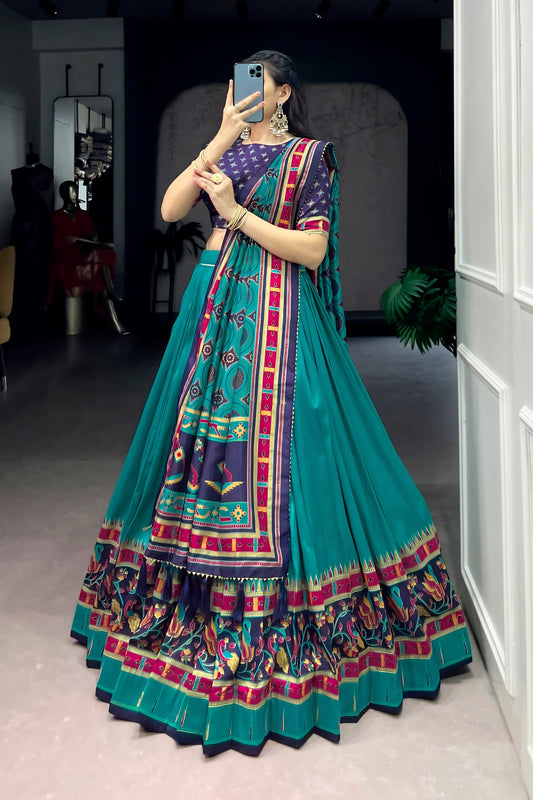 Elegant Teal Green and Purple Tasar Silk Semi-Stitched Lehenga Choli with Printed Dupatta