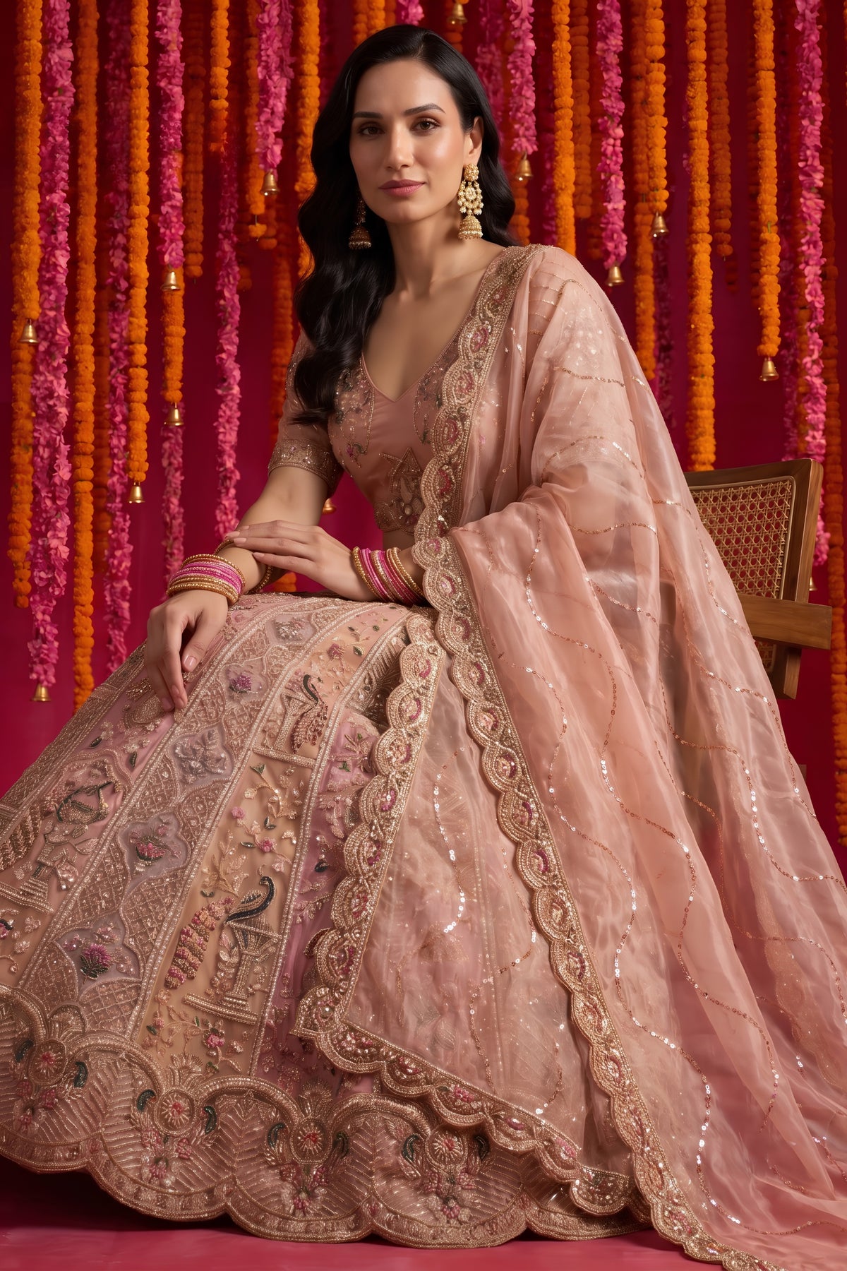 Stunning Peach Pink Organza Designer Lehenga Choli with Intricate Embroidery Work and Dupatta