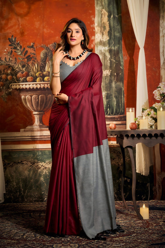Wine Red and Grey Dual Tone Silk Saree with Minimal Design