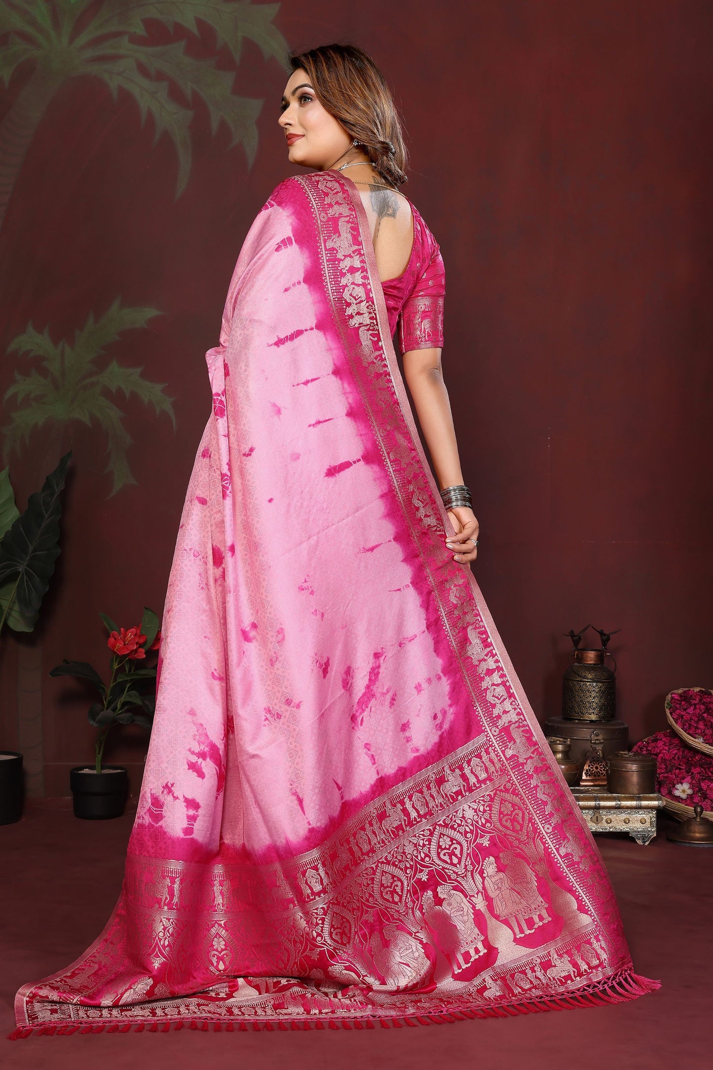 Pink Tie-Dye Silk Saree with Rani Pink Gold Woven Border
