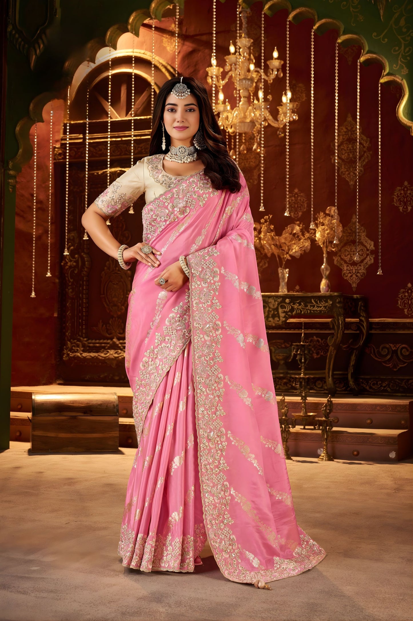 Pink Silk Saree with Heavy Gold Embroidery Designer Blouse