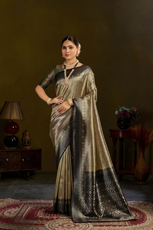 Gold Kanjivaram Silk Saree Black Zari Border Traditional Saree