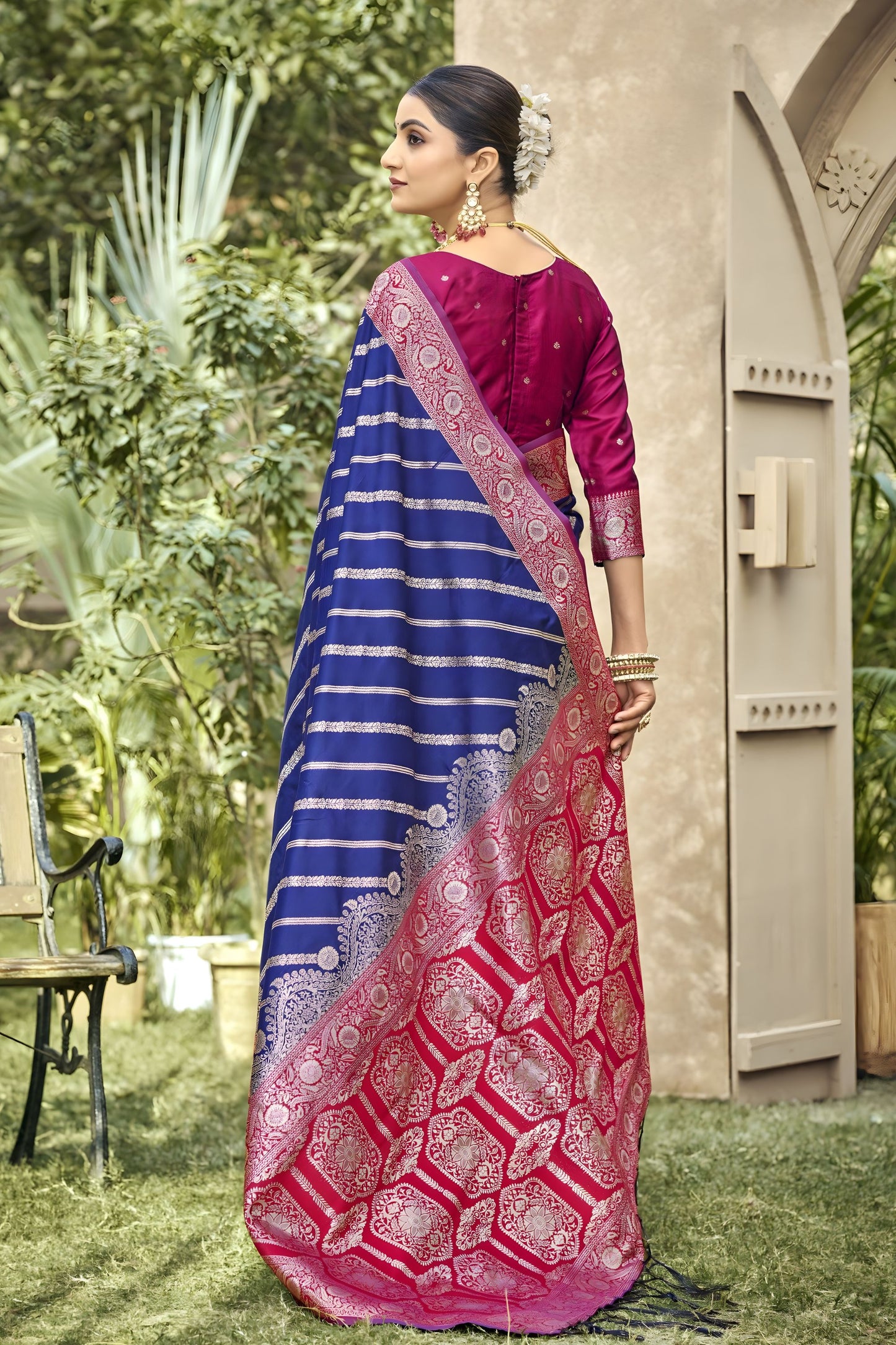 Royal Blue Banarasi Silk Saree Red Zari Border Traditional Saree