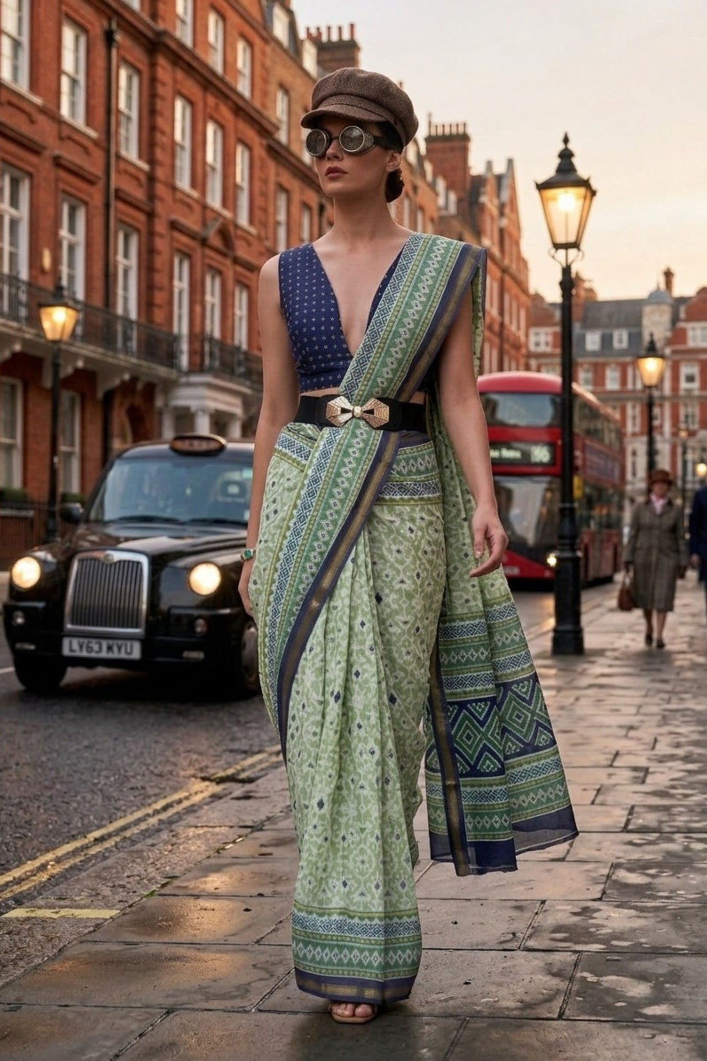 Sage Green Cotton Saree with Geometric Border Designer Blouse