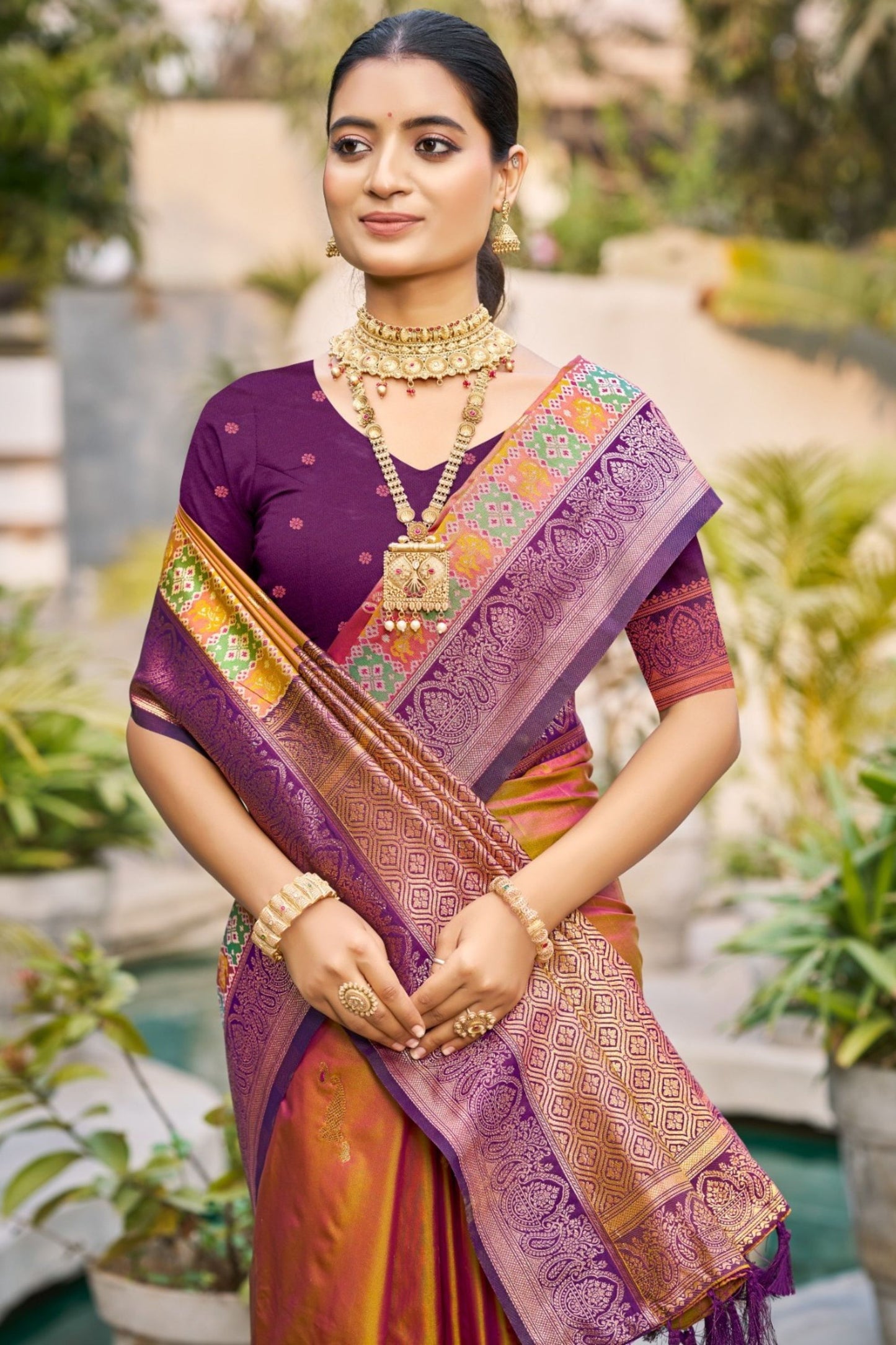Stunning Rani Pink and Mustard Silk Saree with Purple Zari Woven Border