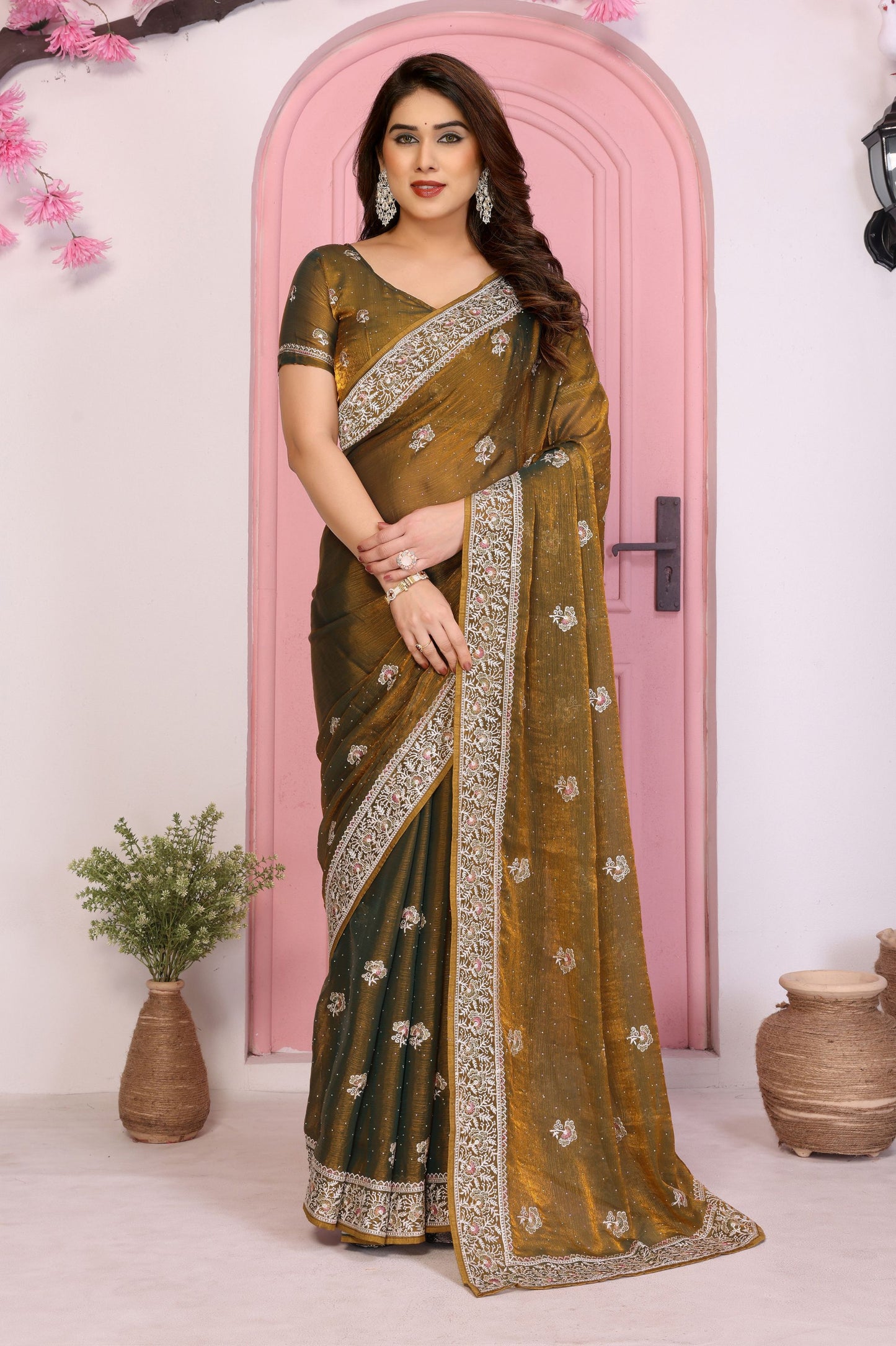 Designer Brown Embroidered Saree with Blouse Party Wear