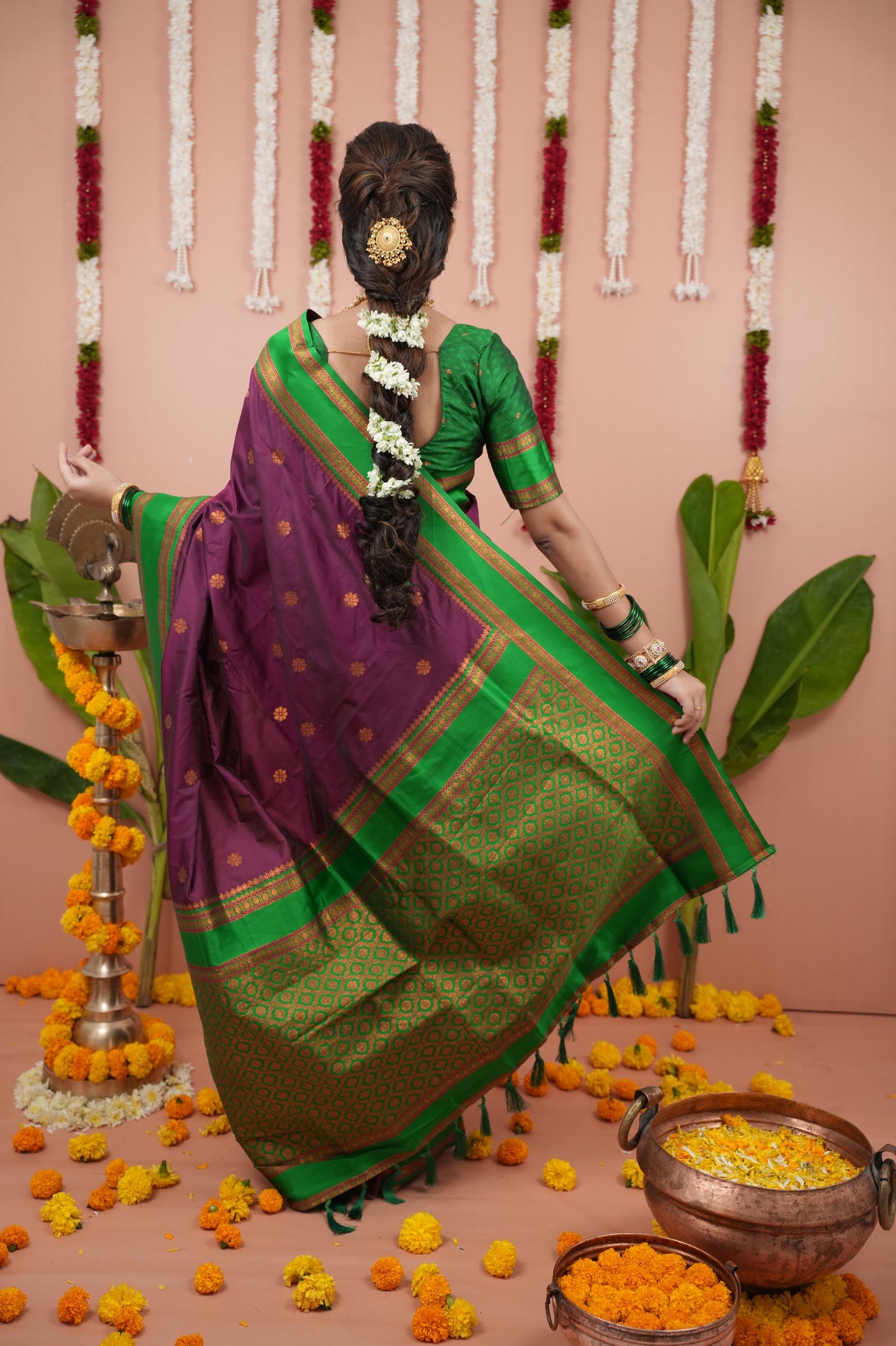 Purple Silk Saree with Green Woven Border Traditional Design