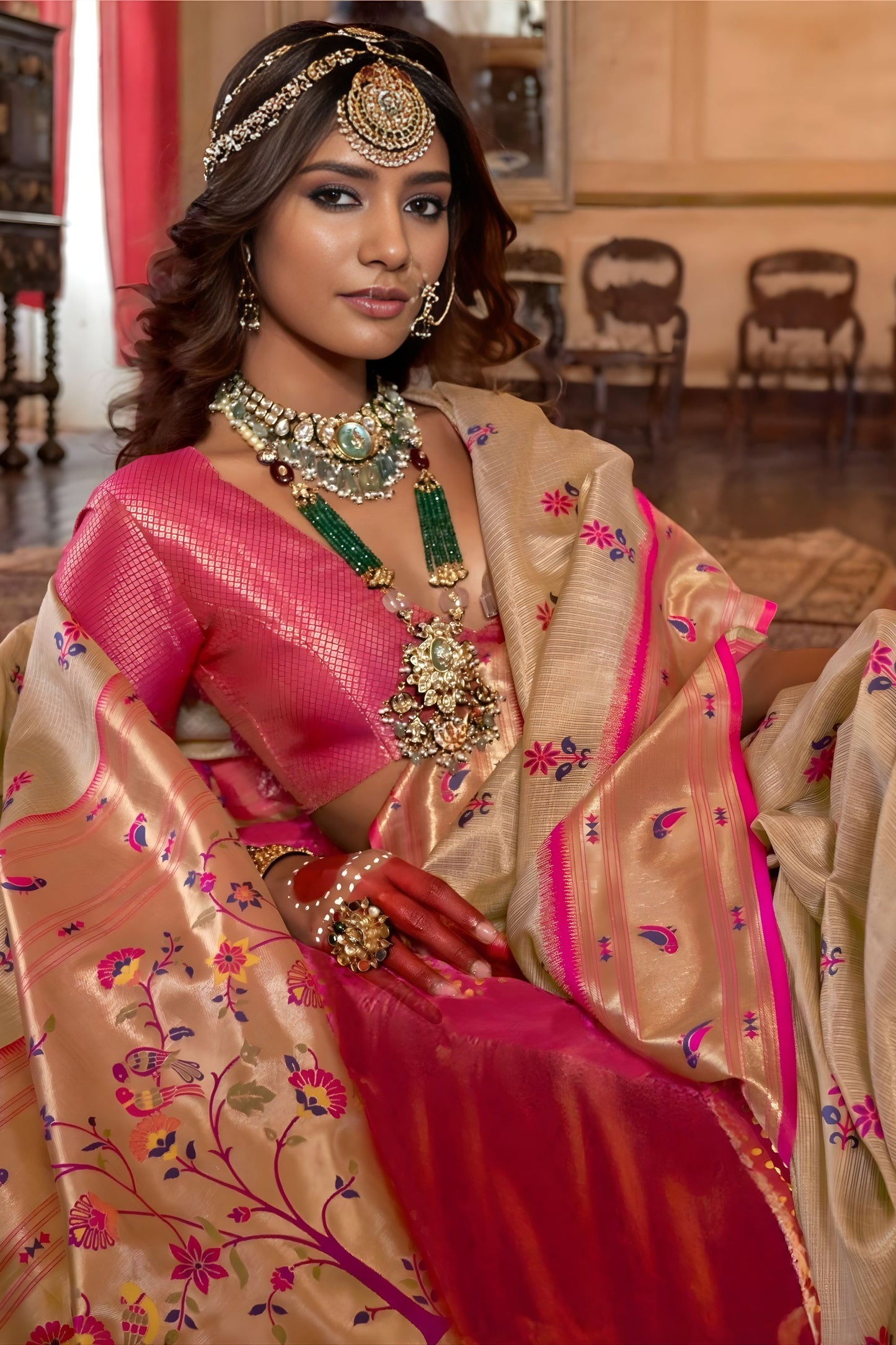 Beige Gold Banarasi Silk Saree Pink Border Floral Zari Work